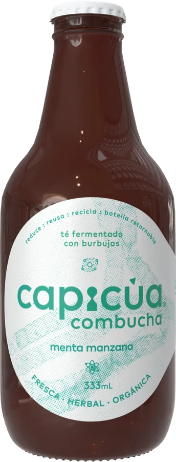 Botella de Capicúa Combucha sabor menta manzana, 333 ml